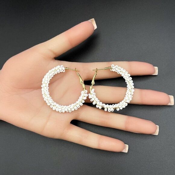 Yellow Gold Wire Wrapped White Beaded Open Round Hinged Post Hoop Earrings - Picture 9 of 9